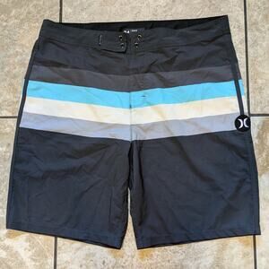 Hurley Mens 34 Board Shorts Phantom Blue Gray Cream Surf Skate Pocket Striped